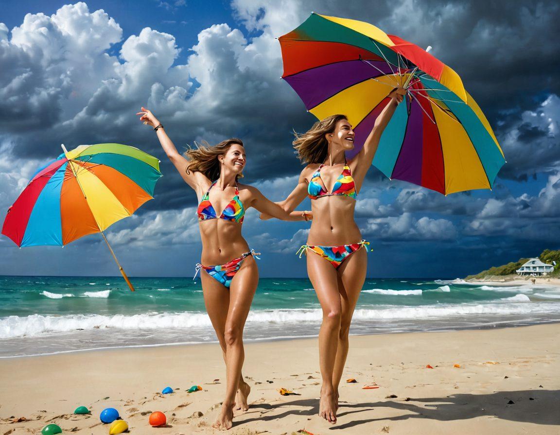 A bright, cheerful beach scene featuring a confident woman in a colorful bikini, dancing joyfully despite dark, gloomy clouds looming overhead. Vibrant beach accessories like colorful umbrellas and beach balls enhance the mood of fun and positivity. The contrast between the gloomy sky and the energetic scene emphasizes resilience and joy. whimsical illustration. vibrant colors. playful style.